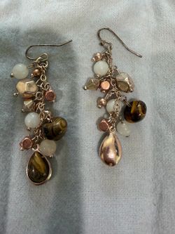 Gold-Tone Beaded Dangle Earrings with Brown Tiger Eye and Cream Beads