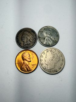 4 Coin Historic U.S. Lot – 1906 Indian Head Cent, 1943 Steel Cent, 1956-D Wheat Cent & 1902 V Nickel