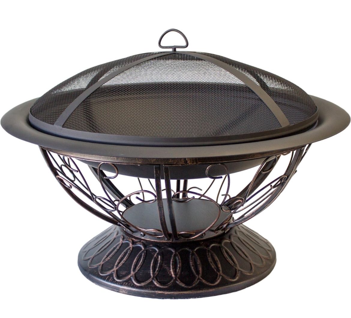 30" Wood-burning Fire Pit with Wood Grille and Dome Grille, Poker Included, Round, Antique Black