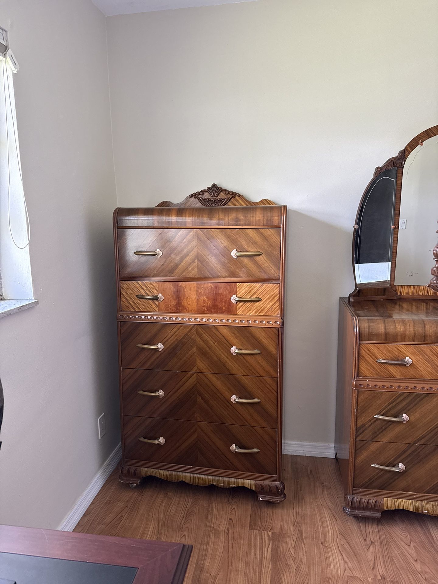 Antique bed, dresser, and dresser with mirror