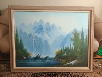 Gorgeous Painting Cliffs Mountains Cabin Lake Trees 55" x 43.5" by Paul