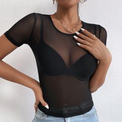 New Black Mesh Top Petite Size L