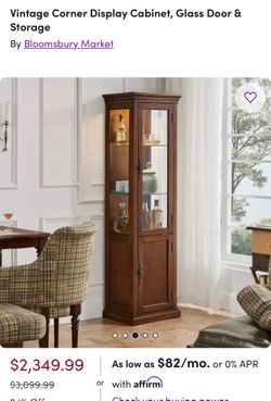 Vintage Corner Lighted Display Cabinet with glass door and storage