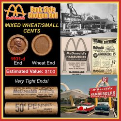 Lincoln Wheat Cent 1c Mixed Roll Orig Brandt McDonalds Wrapper, 1931-d Wheat end