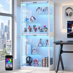 Glass Display Cabinet with RGB LED Light & Adjustable Shelf | White