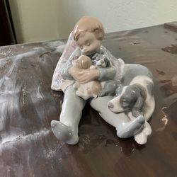 Lladro Child With Mom Dog And Puppies