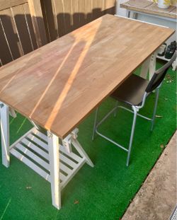 Wood Top Workbench with Trestle Legs & Chair