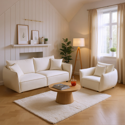 Phoenix 2 PC Linen Fabric Sofa Set, Loveseat Sofa & Recliner Chair, Beige Set of 2