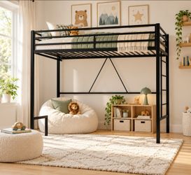 Twin bed Size Metal Loft Bed with Ladder and Guardrails, Black
Sturdy Metal Loft Bed for Kids and Teens, Space Saving Design, No Box Spring Needed