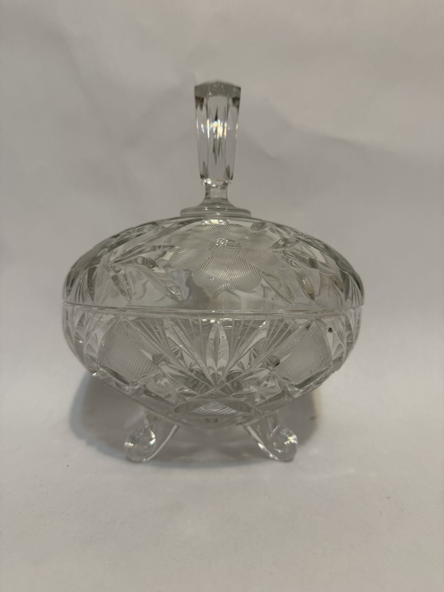 Vintage Heavy Cut Crystal Footed Candy Bowl With Lid 8x6