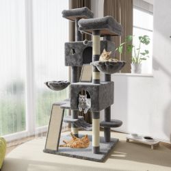 Large 65.7" Cat Tree and Indoor Cat Tower Condominium with 2 Scratching Boards, Hammock and Post, Gray