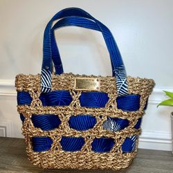 Caribelle Batik St Kitts Shoulder Beach Tote Purse Hand Bag Basket Weave Blue#16