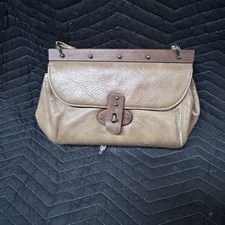 Vintage pebble leather and wood  hand bag