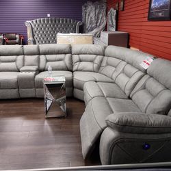 New Sectional Sofa With Three Power Recliners In Faux Suede Available For Immediate Pickup or Delivery