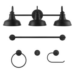 Elm crof 29 in. 3-Light Matte Black Farmhouse Vanity Light with Matching 4-Piece Bathroom Hardware A