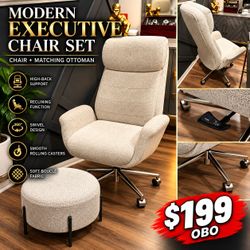 Modern Bouclé Executive Office Chair + Matching Ottom