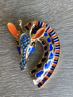 Golden Retro Giraffe Brooch W/ Vibrant Orange, Blue & Black Enamel & Sparkling Blue Rhinestones