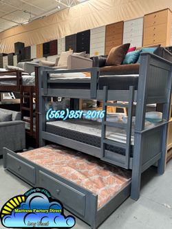 Triple twin grey bunk bed with mattresses colchones trundle