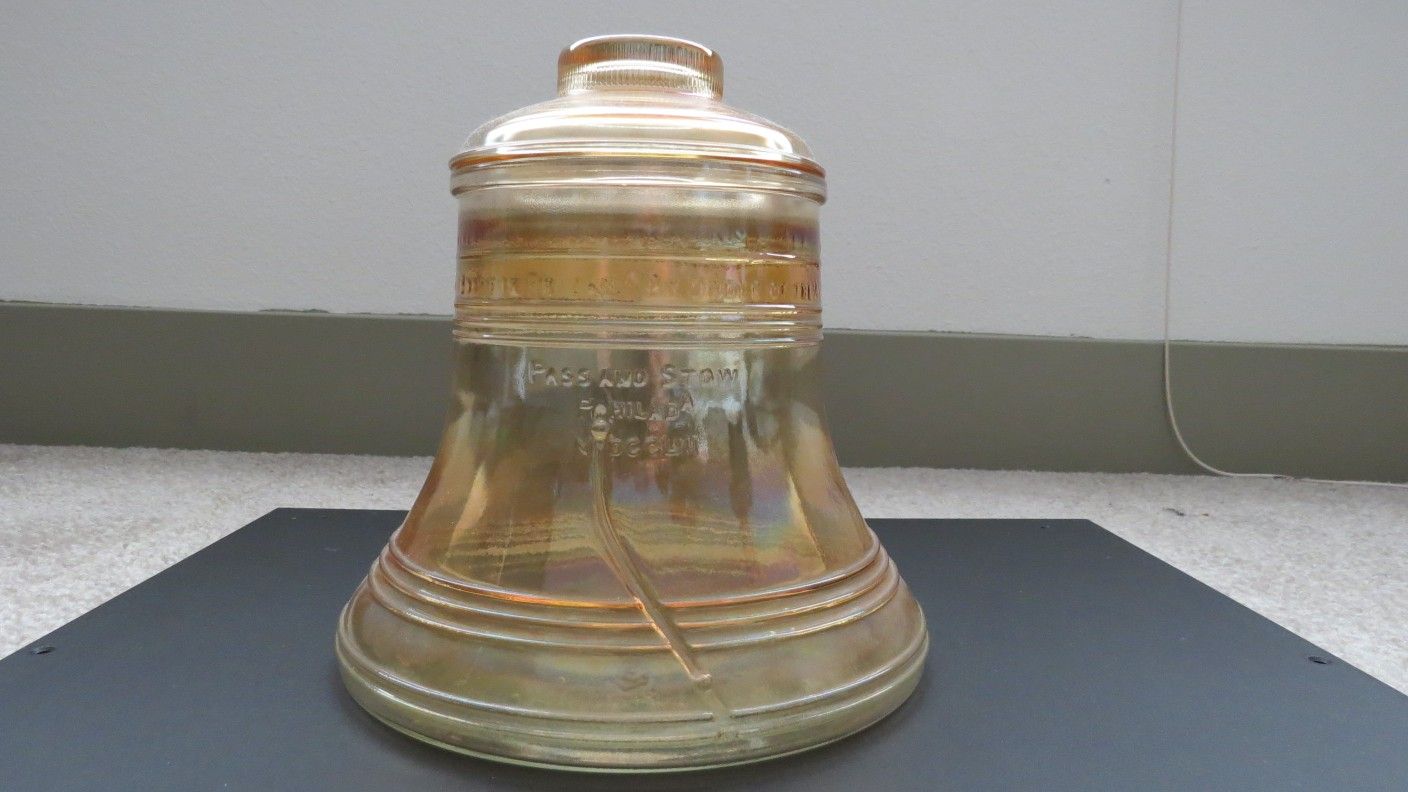 Vintage Bicentennial 1976 Liberty Bell Amber Carnival Glass Cookie Jar Canister