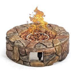 Slightly Chipped New Round Propane Outdoor Fire Pit, 28” 40,000 BTU Stone Propane Fire Pit w/Lava