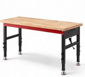 60" Heavy Duty Workbench, 2500 LBS Load Capacity Work Bench with 1.2" Laminated Wood Top & Reinforced Steel Frame, Adjustable Height Work Table for Ga