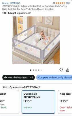 JWPEHOE Height Adjustable Bed Rail for Toddlers QUEEN SIZE.