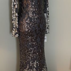 Xscape Gown Size 8 (4) Dark Gray Sequins Long Sleeve Dress NWT BEAUTIFUL