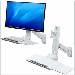 MyGift Wall Mounted White Metal Monitor Screen Workstation with Height Adjustable Arm