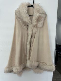 Beige Faux Fur Trimmed Knit Cape / Shawl