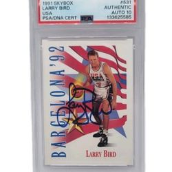 1991 Skybox Team USA #531 Larry Bird Signed Auto On Card Basketball PSA DNA Autograph 10

