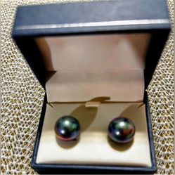 MEN’S NEW 12mm large Tahitian Blue green pearl Stud Earrings
