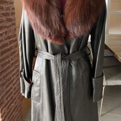 Red Fox Fur Collar Knee Length Dark Brown Leather Wrap Coat