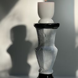 RARE, Vintage Black & White Chunky Heavy Stoneware Pillar Candle Holder