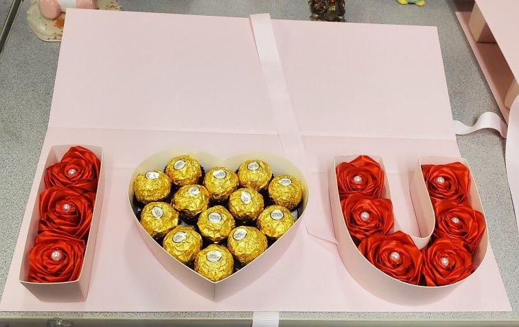 Ribbon flower Rose and chocolate " I LOVE YOU"