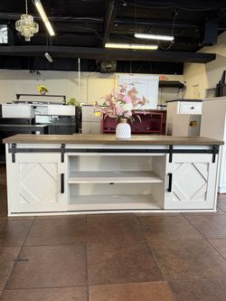 🔥Special Discount 🔥Farmhouse Modern Sliding Barn Door TV Stand  for TVs Up to 65 inch (White)  💰129$