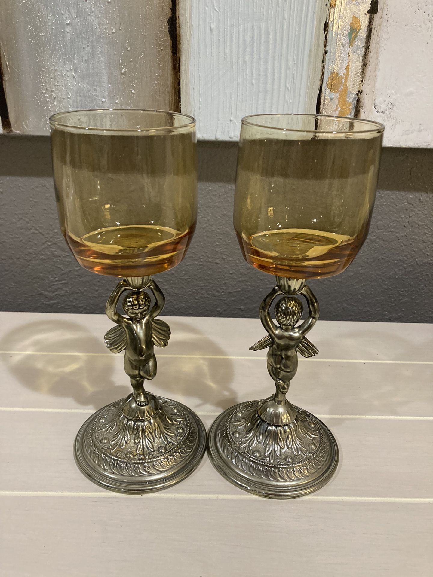 Pair Vtg Brass Cherub Candleholders 