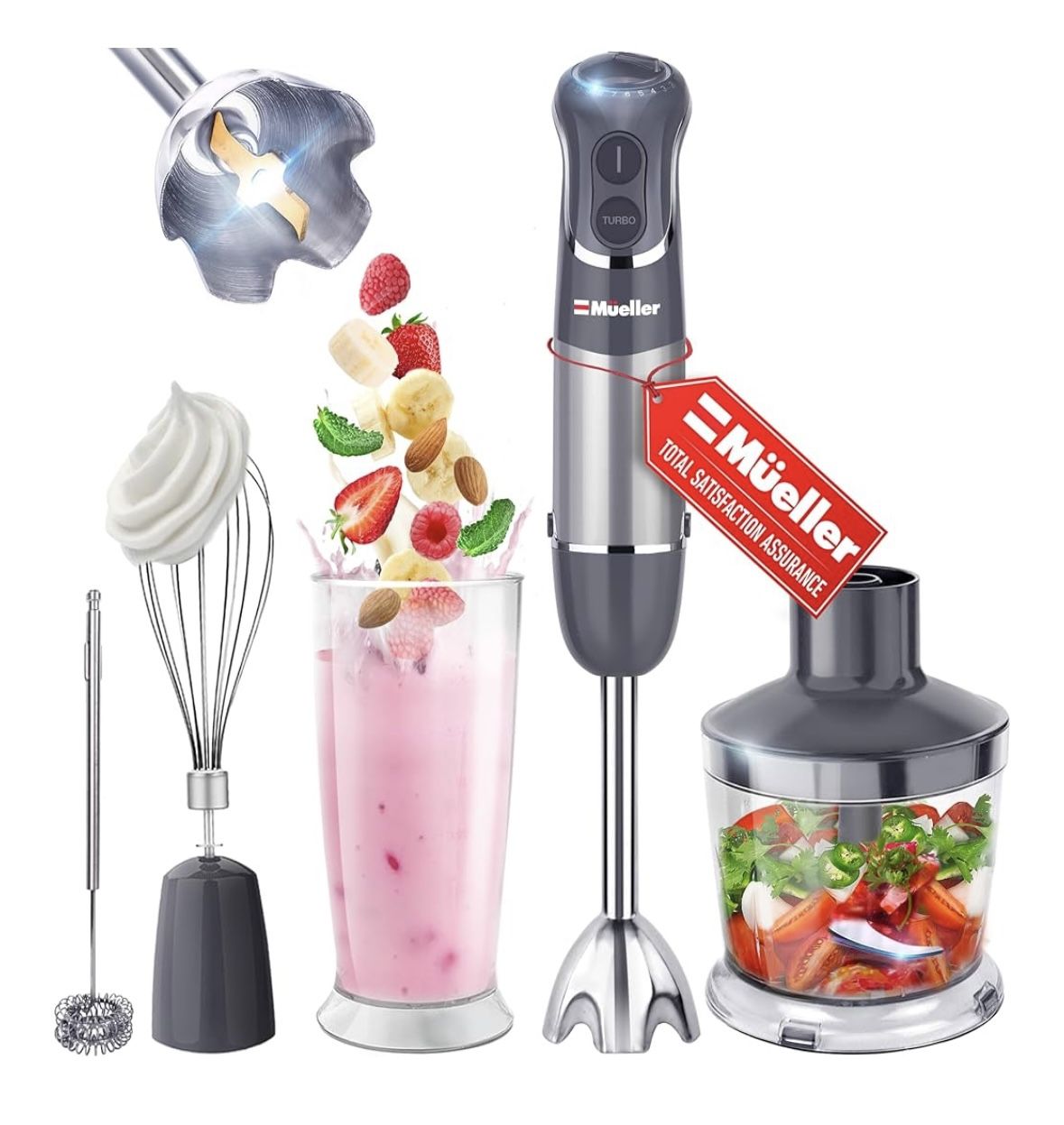 Mueller Multistick 5-in-1 Immersion Blender Handheld, 12 Speed Hand Mixer - Turbo Boost, Heaviest Duty Copper Motor, Titanium Blades Hand Blender, Mil