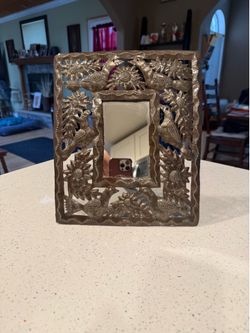 Vintage Haitian Folk Art Metal Mirror – Handcrafted Birds & Sunflowers – Fait En Haiti