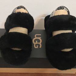 UGG BLACK FLUFF OH YEAH SLIDE SHEEPSKIN SLIPPER SANDALS, Size US 6. Brand new.