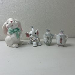 A set of porcelain figurines - Rabbit, elephant, and 2 mini teapots