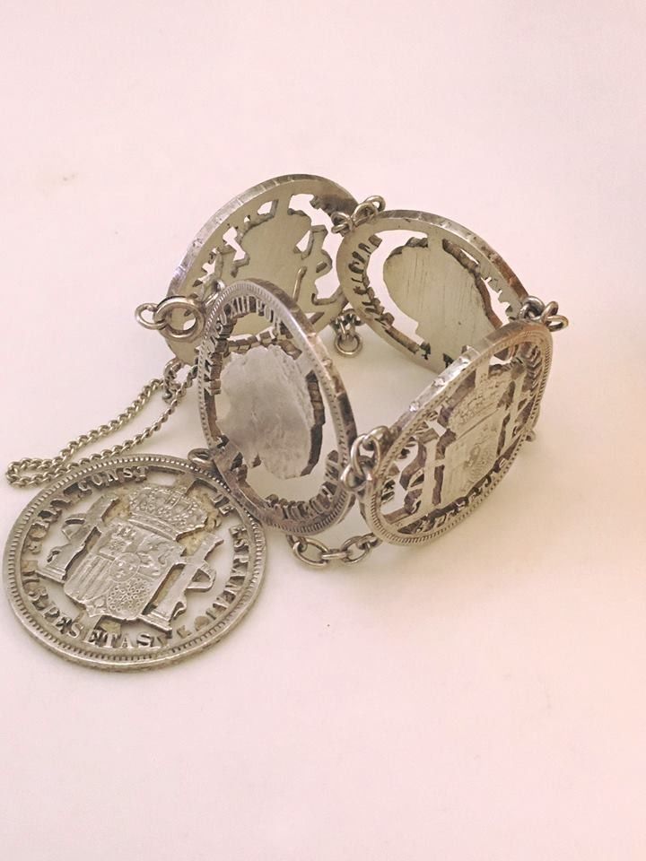 Spanish pesetas coin 1800's silver 96.8% bracelet excellent condition antique (shipping is available)