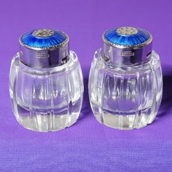 Vintage Crystal Salt & Pepper Shakers with Sterling & Blue Enamel Caps stamped "Meka Sterling Denmark"
