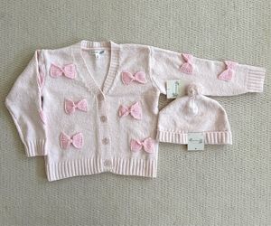 Btween Girls Bow Button Up Cardigan And Pom Beanie Size 8