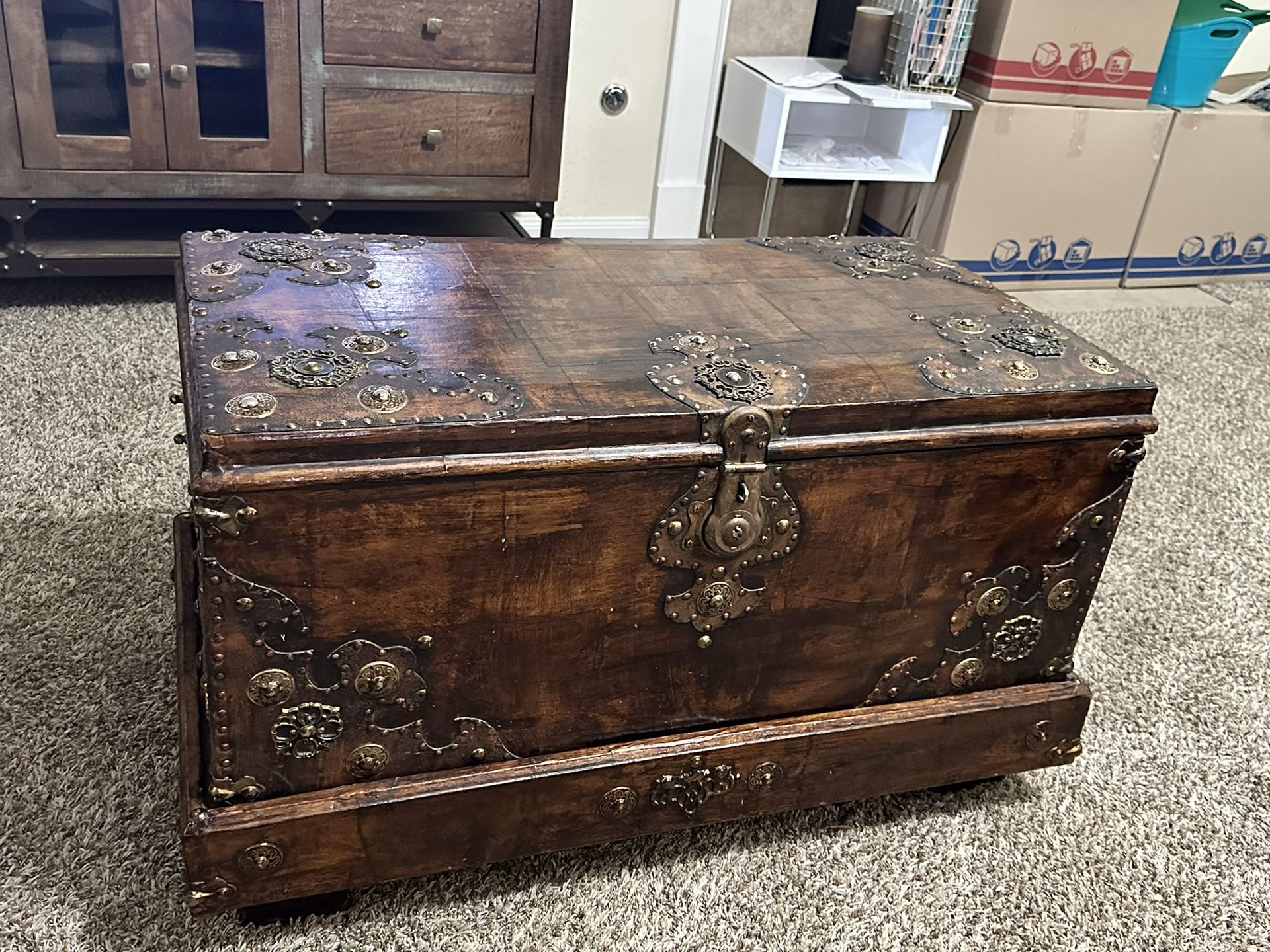 Antique Handmade Chest with Separate Base with Iron Strappings & Embellishments