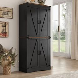 71" Tall Farmhouse Kitchen Pantry Storage Cabinet, 5 Layers Storage Cabinet with Adjustable Shelves, Pantry Cabinet with 4 Barn Doors for Kitchen, Din