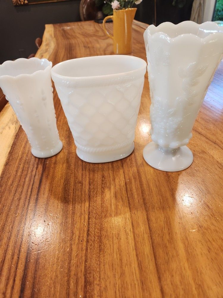 Three Milk Depression Glass Vases Antique
