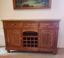 BROYHILL  Solid Pine Wood Sideboard Buffet Credenza with Wine Rack Bar Cabinet  Rustic Decor 