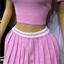 Women 2 Piece Skirt & Too Set Pink with White Stripe