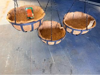 3 for $20 Vigoro English Medium Black Metal Hanging Round Planter with Coco Liner (12 in. L x 12 in. W x 5.7 in. H)
