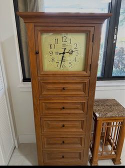 Vintage Thomasville Tall Oak Wood Clock Cabinet with Drawers